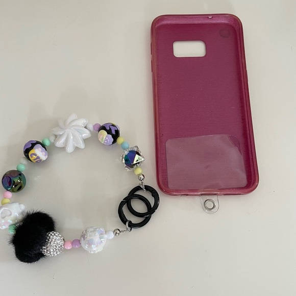 Black & Purple Pom Pom Kitty Beaded Charm Phone Accessory Wristlet with tab - Picture 12 of 17